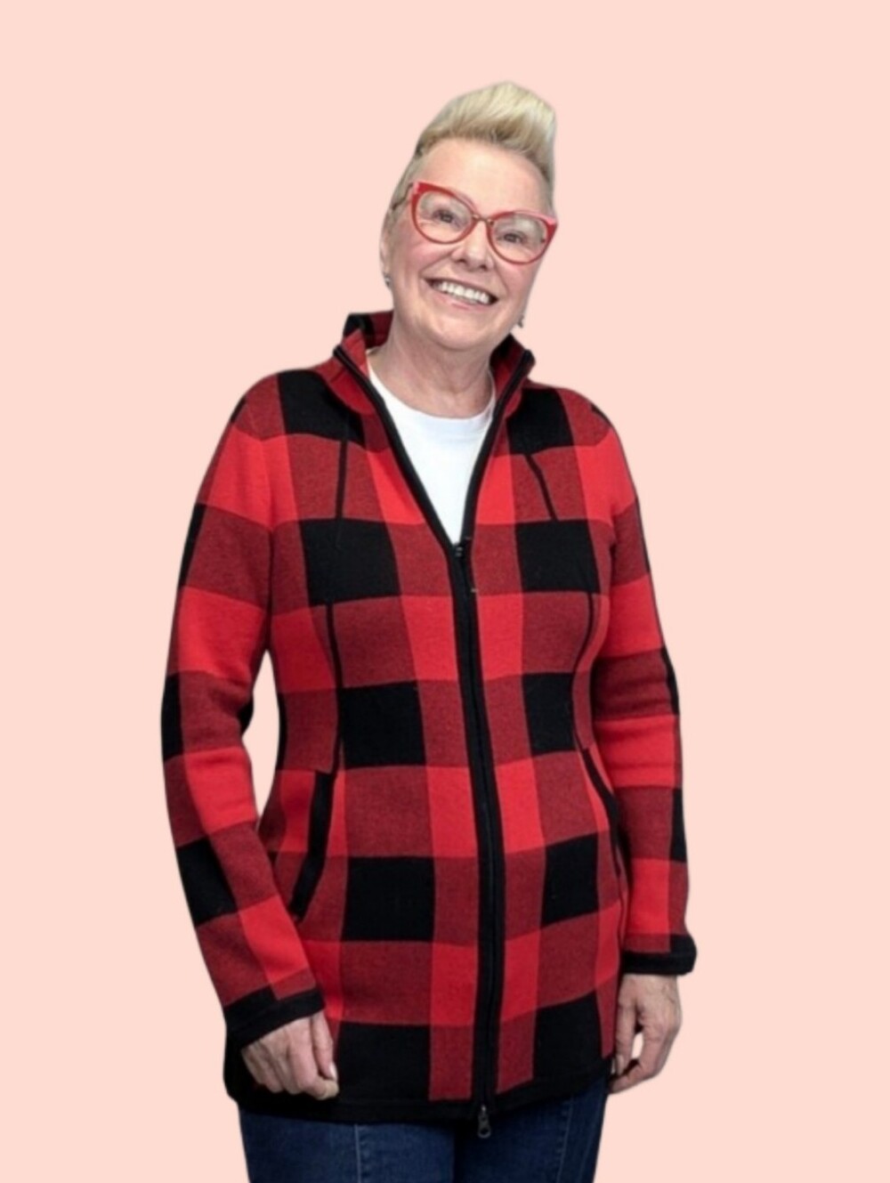 Adrienne Vittadini Buffalo Plaid Zip Cardigan Jacket Red Black Size Large